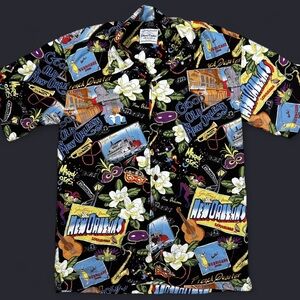 David Carey Mens Size Medium Black Button Up Short Sleeve New Orleans Mardi Gras